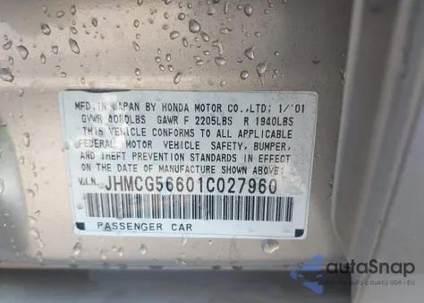 2001 Honda Accord 2.3 Ex z USA, uszkodzony, nr VIN JHMCG56601C027960